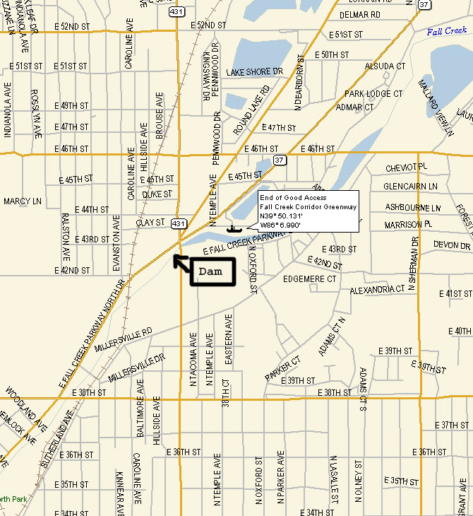 map to Fall Creek Corridor Park at Keystone Ave.