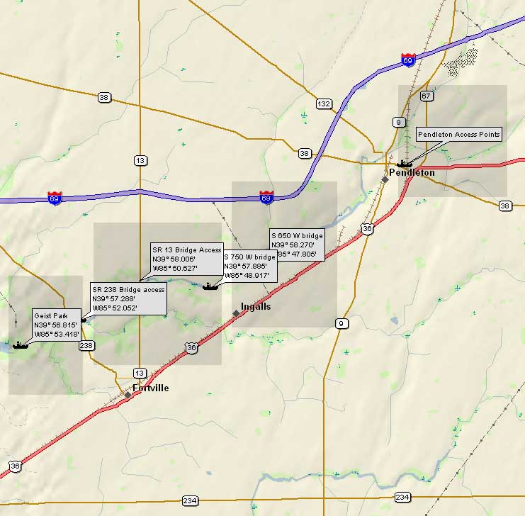 clickable map of Fall Creek river segments above Geist Reservoir