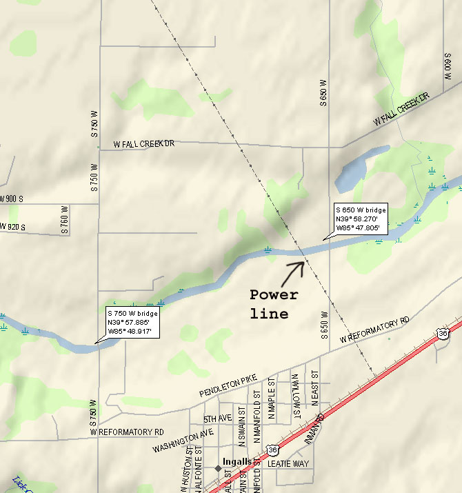 map of Fall Creek from CR S 650 W bridge to CR S 750 W bridge