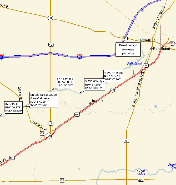 clickable map of access points on Fall Creek above Geist Reservoir