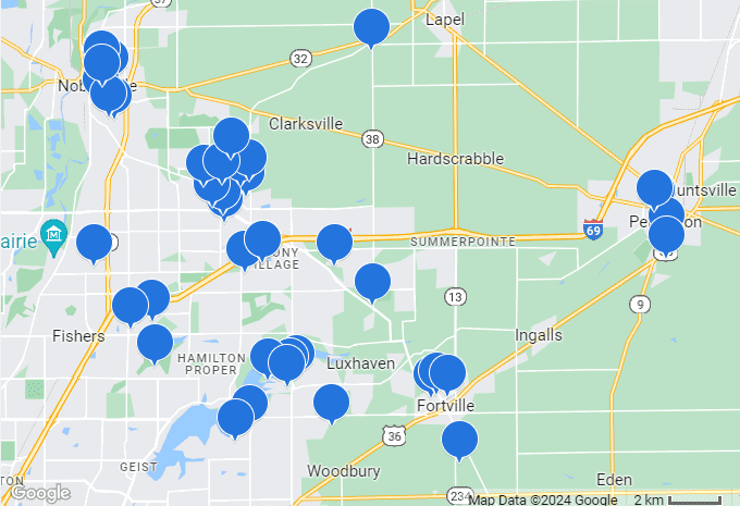 Map of vacation rentals near Pendleton, Indiana